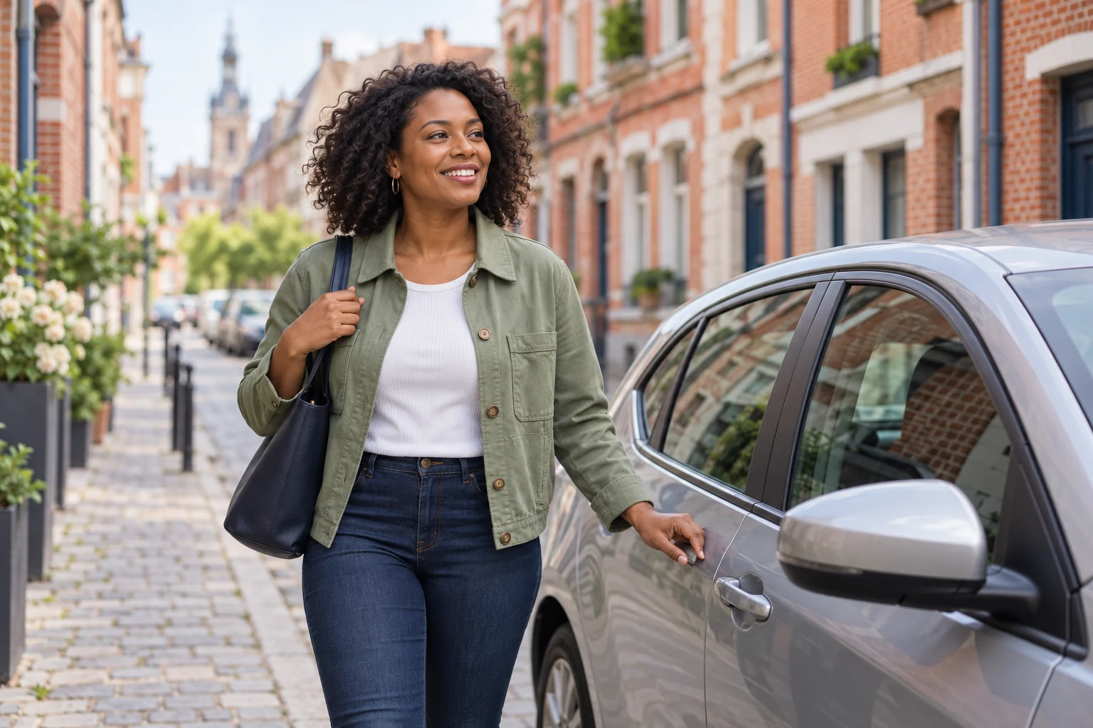 Une automobiliste souriante à côté de sa voiture stationnée dans une rue lilloise