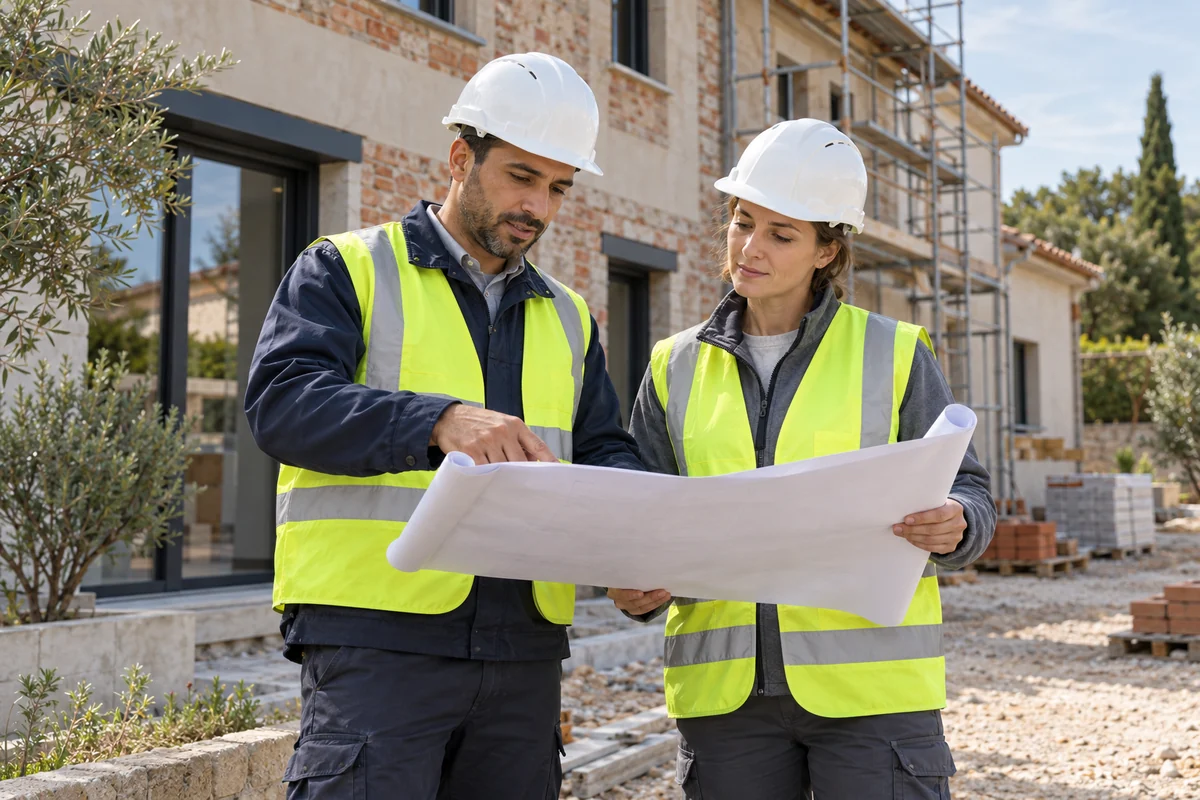 Deux professionnels du bâtiment examinent un plan devant une maison en rénovation