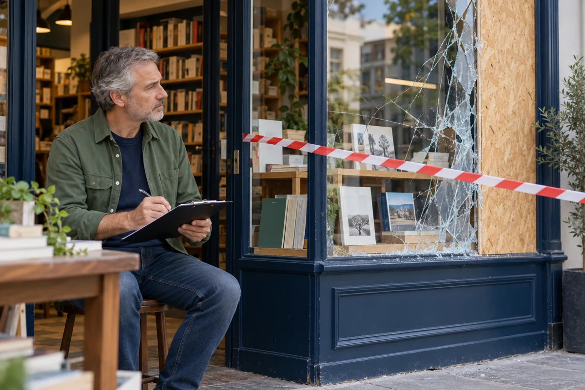 Un libraire assis dans son commerce documente les dégâts d’une vitrine sécurisée après des dégradations
