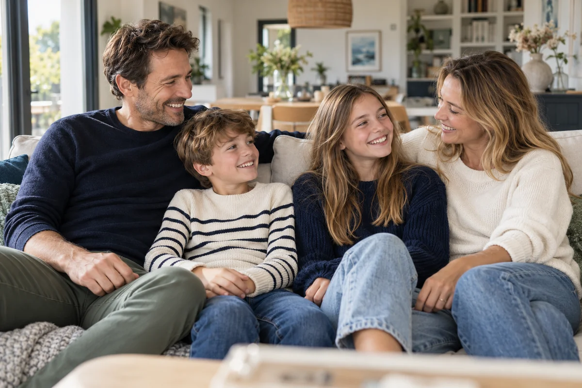Une famille souriante réunie à la maison