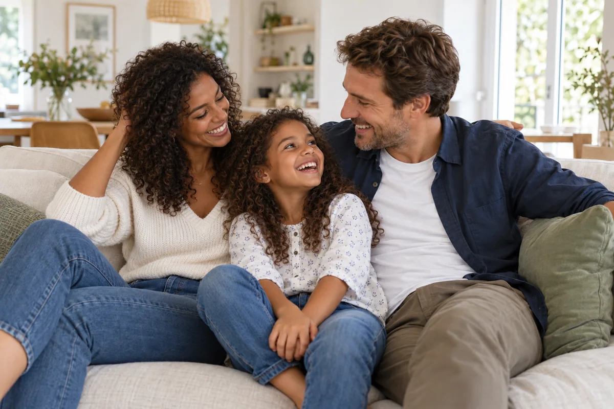 Des parents et leur enfant partagent un moment à la maison