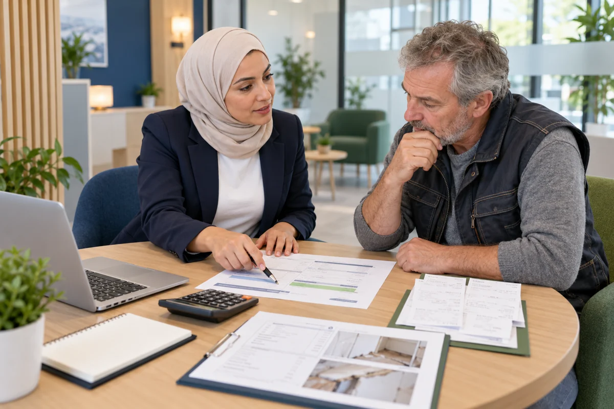 Une conseillère en assurances assise explique un décompte, des factures et une calculatrice à un artisan
