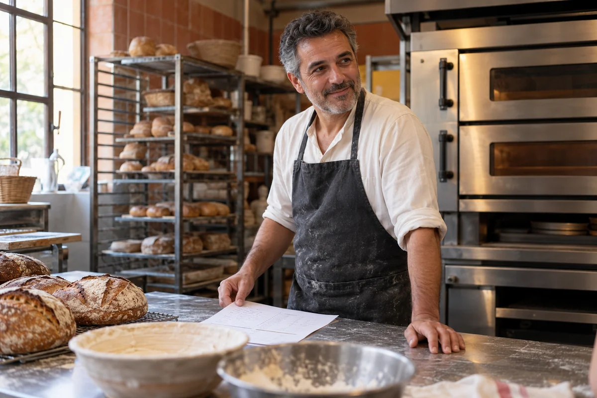 Un artisan boulanger consulte ses commandes dans son fournil