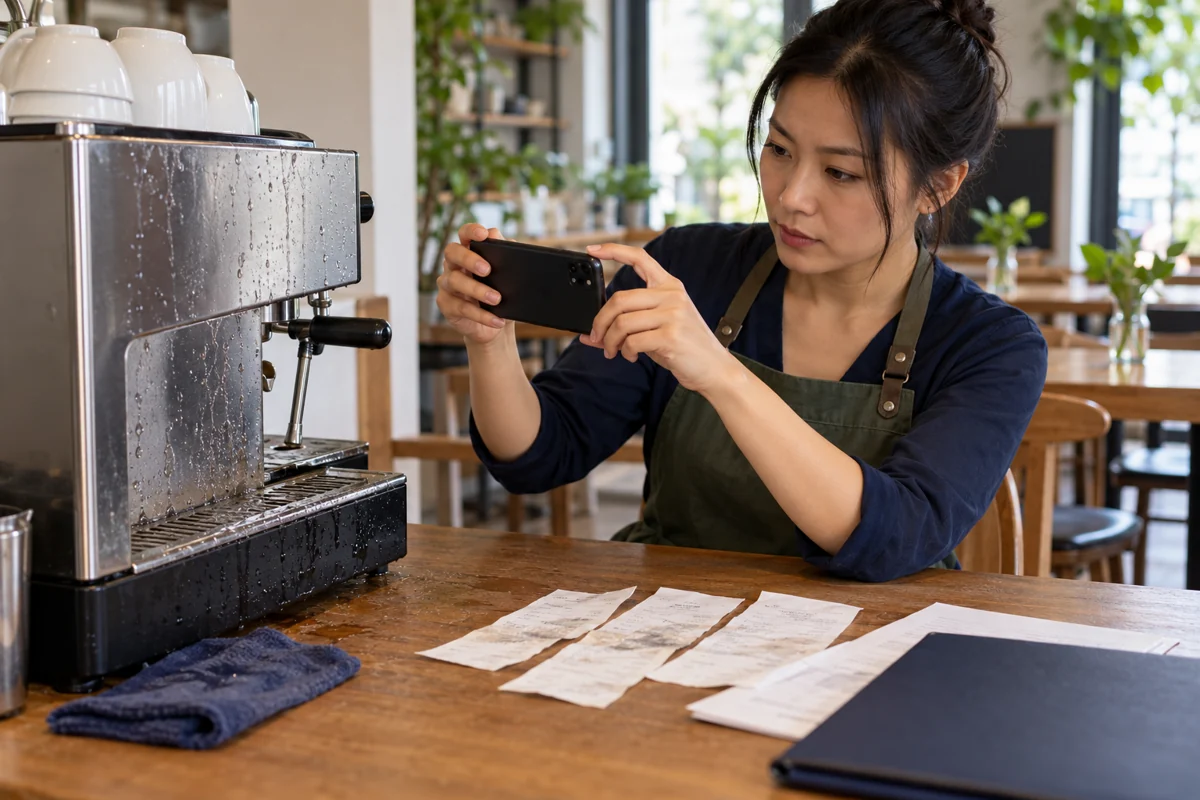 Une restauratrice assise photographie une machine endommagée et rassemble les factures pour son dossier de sinistre