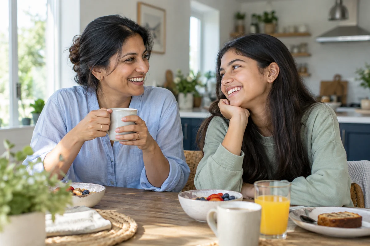 Une mère et son enfant échangent dans leur cuisine : la prévention trouve sa place dans le quotidien familial