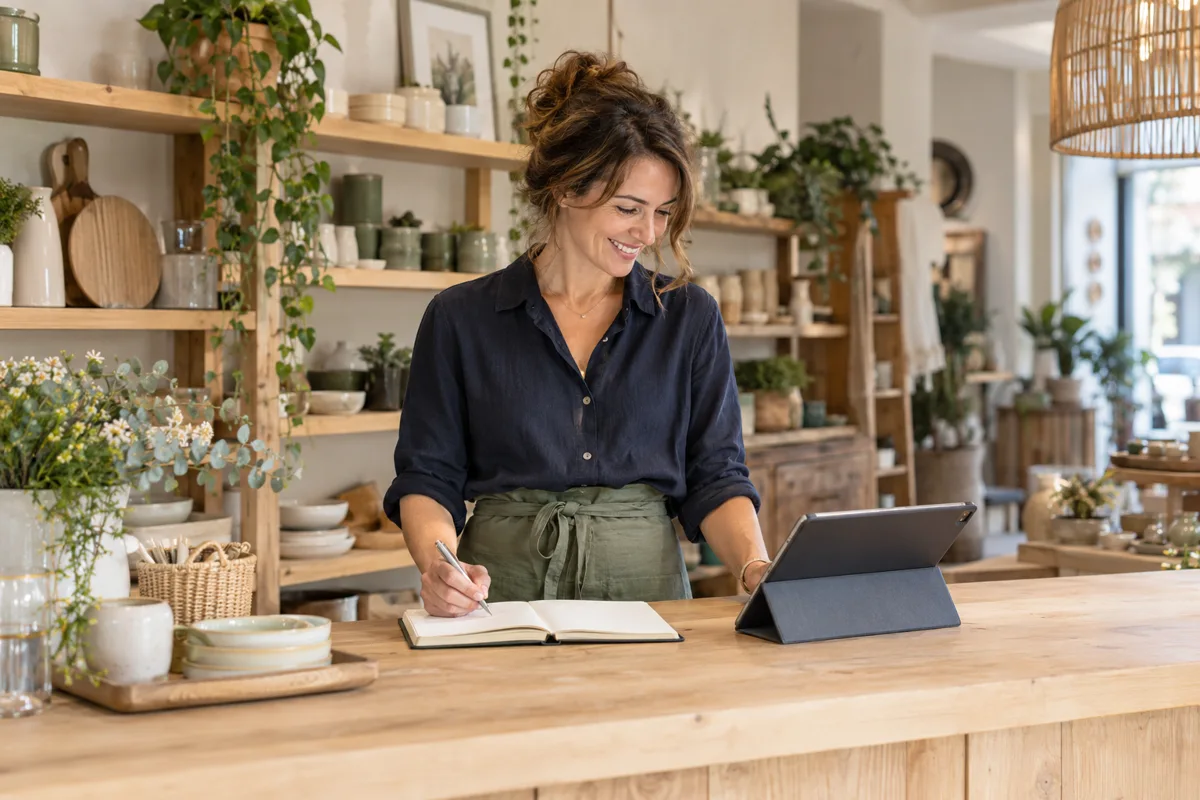 Une commerçante souriante prépare son activité dans sa boutique