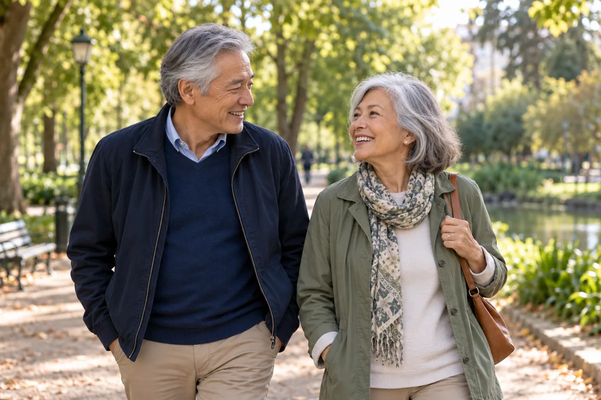 Un couple de seniors en promenade, pour illustrer les questions de la vie quotidienne