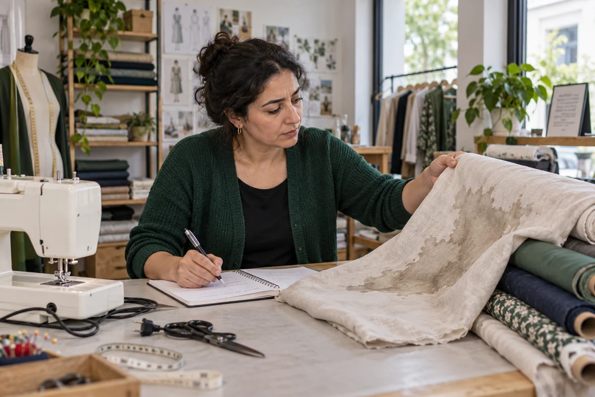 Une entrepreneuse assise dans son atelier de couture inventorie un rouleau de tissu endommagé par l’eau