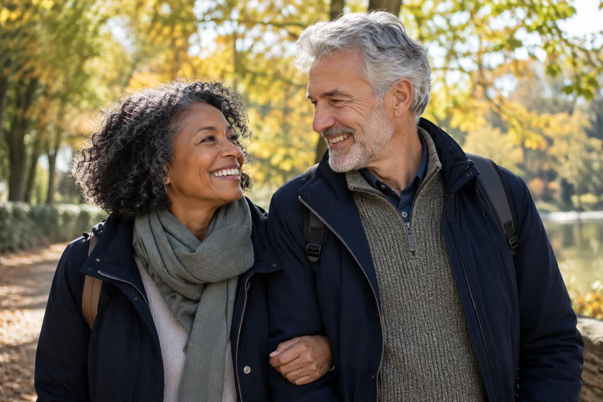 Un couple senior souriant, pour illustrer une prévention suivie tout au long de la vie.