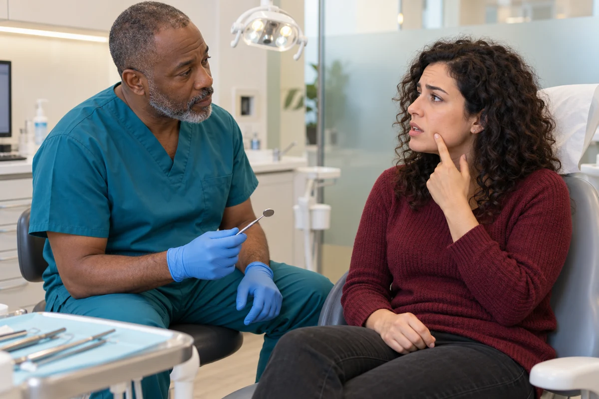 Une patiente assise indique sa joue douloureuse à un chirurgien-dentiste dans un cabinet sans marque AssurMeyer
