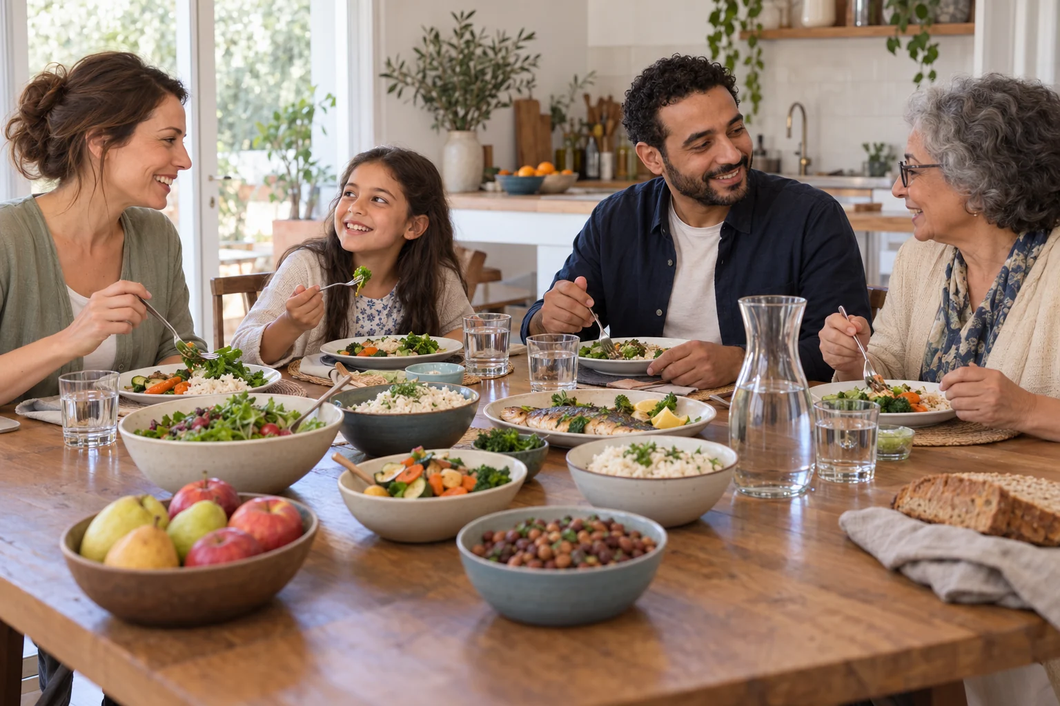 Une famille de plusieurs générations partage un repas varié avec des légumes, des fruits entiers et de l’eau