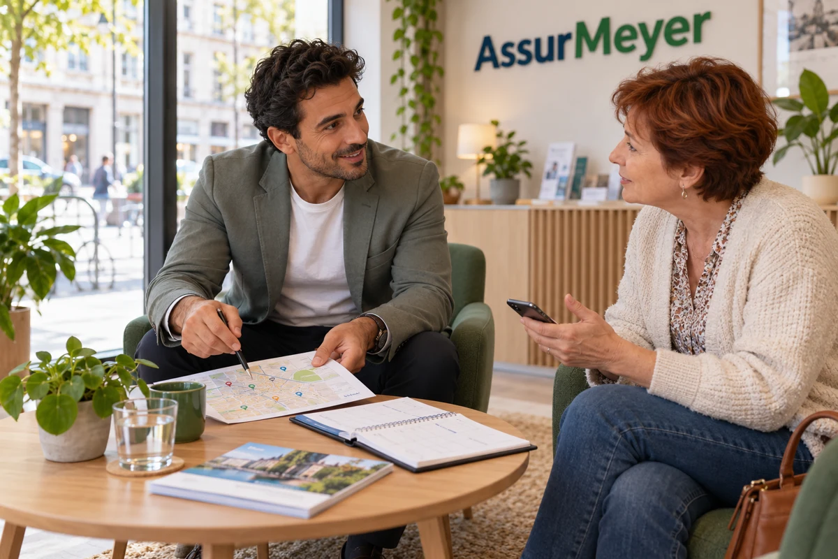Un CSO assis avec une assurée en agence prépare un rendez-vous à l’aide d’un plan local et d’un agenda