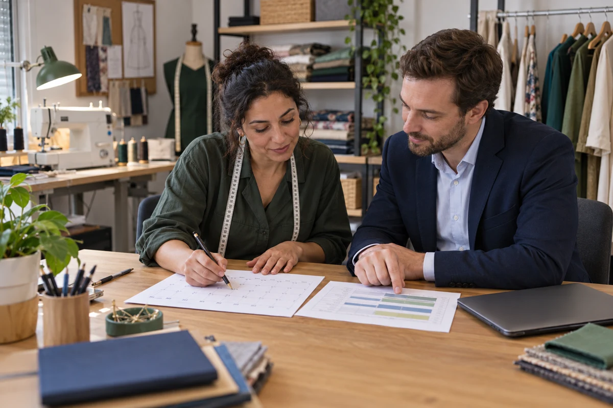 Une artisane et un conseiller en assurances, assis dans le bureau de son atelier, préparent un calendrier de ressources