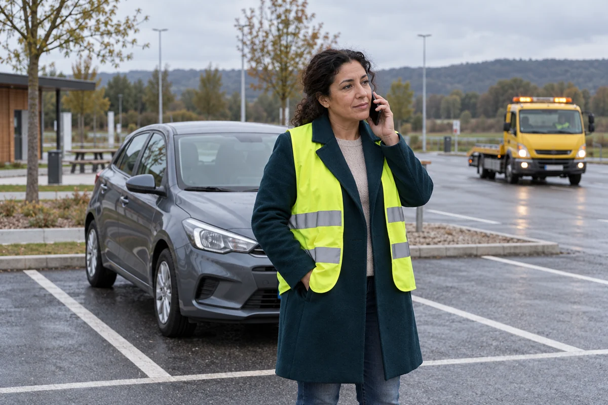 Une conductrice en gilet de sécurité appelle son assistance depuis une zone de stationnement sûre, à proximité de son véhicule immobilisé