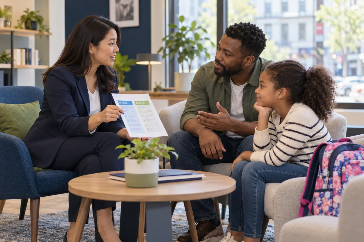 Une conseillère en assurances assise explique deux garanties à un père et à sa fille avec son cartable