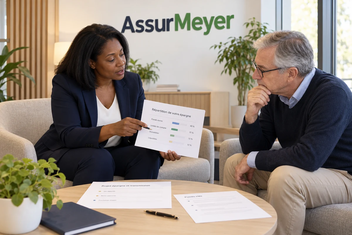 Une conseillère en assurances et un client, assis en agence, examinent une répartition d’épargne
