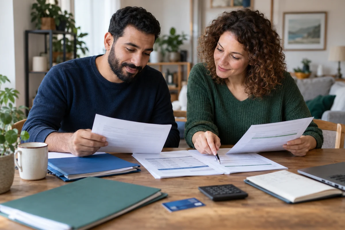 Un couple assis à domicile compare des dossiers d’assurance, des relevés et les garanties liées à une carte bancaire