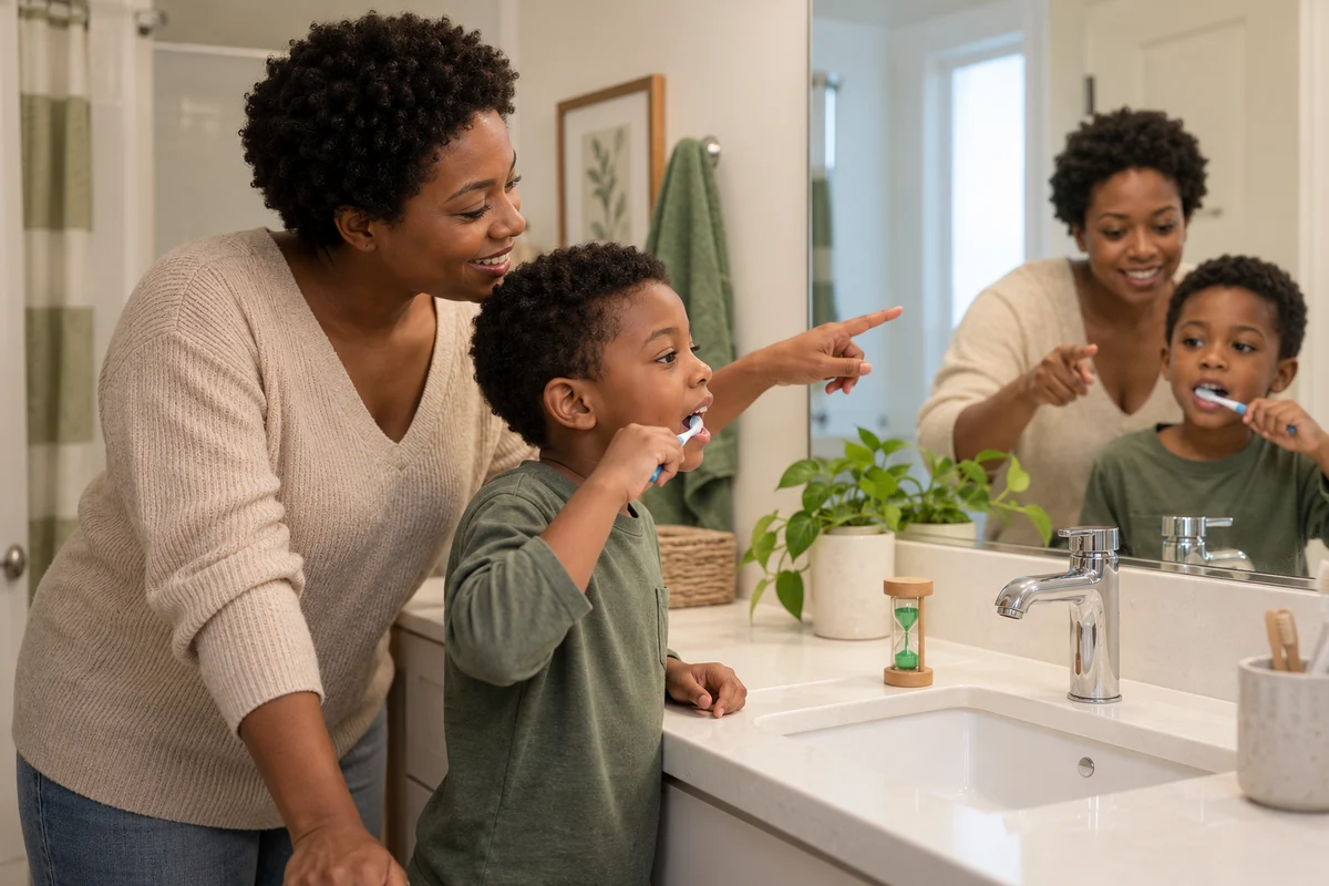 Dans leur salle de bains, une mère accompagne son fils qui se brosse les dents devant le miroir, avec un minuteur posé sur le meuble