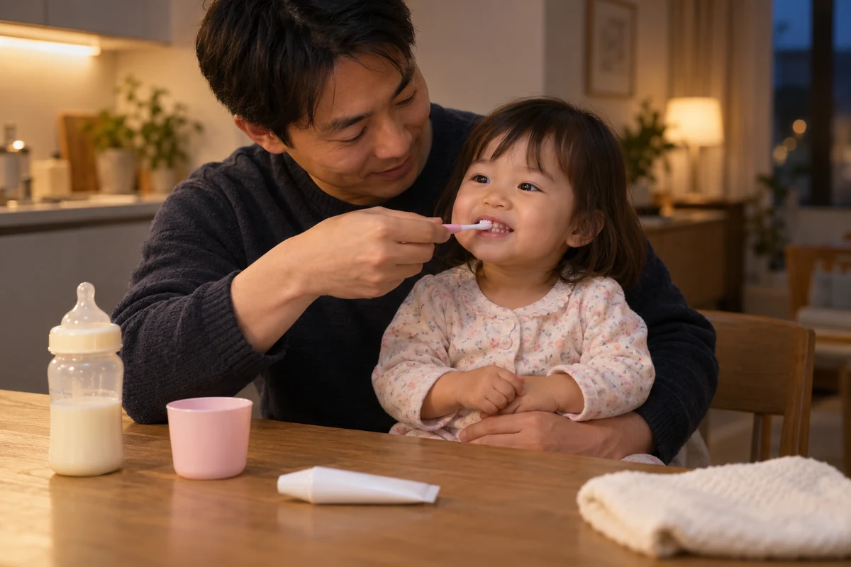 Un père accompagne le brossage des premières dents de son enfant à domicile, avec un biberon fermé posé à l’écart