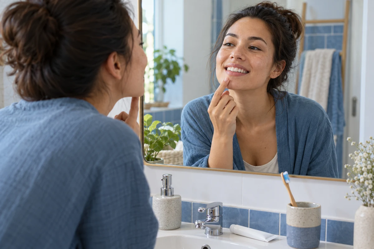 Une adulte regarde ses dents de teinte naturelle dans le miroir de sa salle de bain, sans produit de blanchiment ni marque