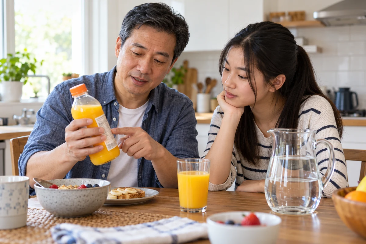 Un père et sa fille adolescente, assis dans leur cuisine, comparent une bouteille de jus et une carafe d’eau