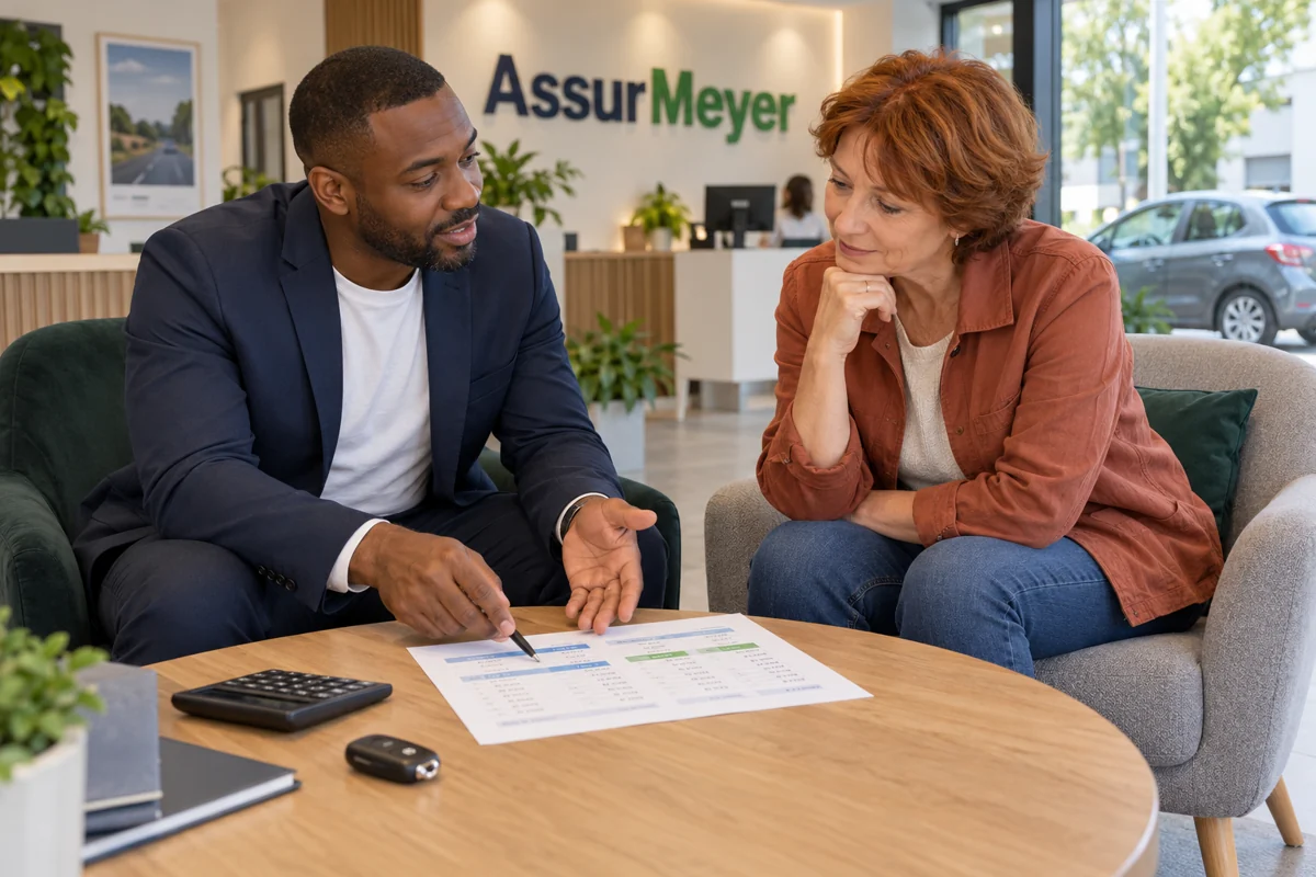 Un conseiller en assurances et une assurée assis dans une agence AssurMeyer examinent un document de comparaison automobile
