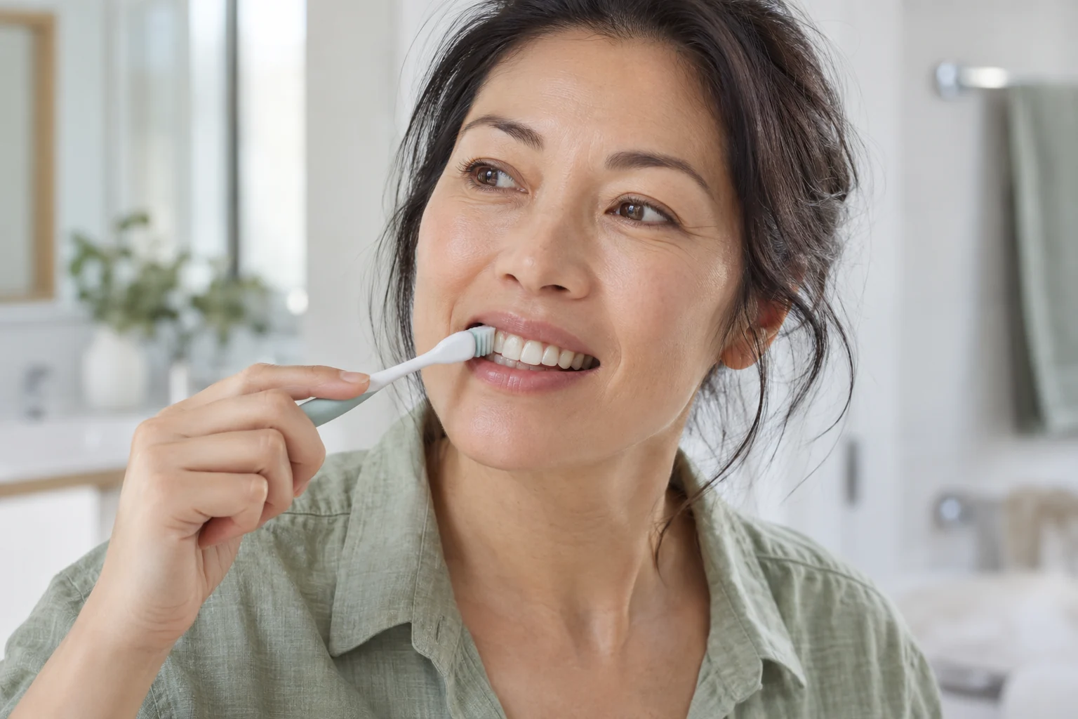 Une femme brosse doucement ses dents près de la gencive