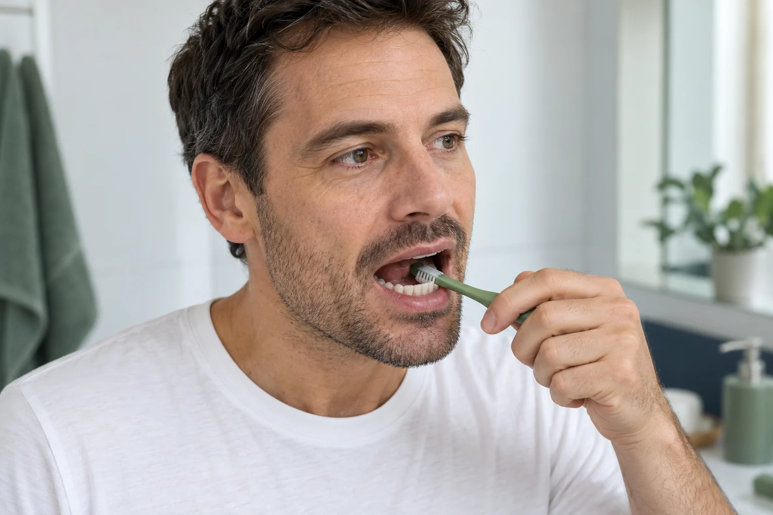Un homme brosse les dents du fond avec une brosse manuelle
