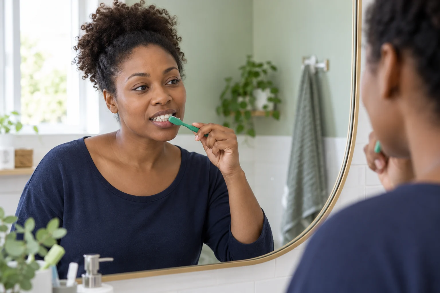 Une femme se brosse les dents en observant son geste dans le miroir
