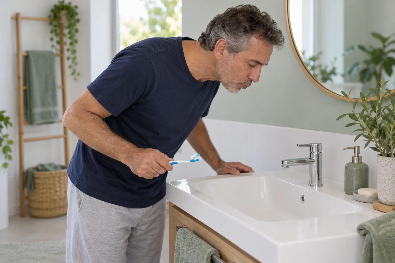 Un homme recrache l’excès de dentifrice au-dessus du lavabo, robinet fermé