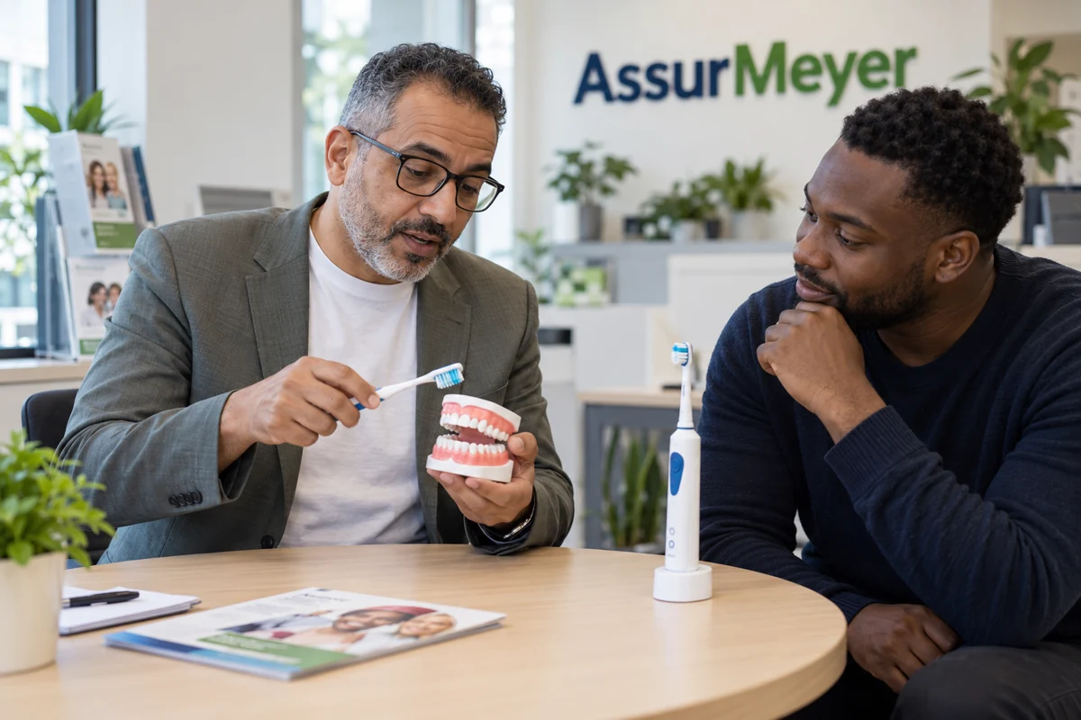 Un CSO et un assuré assis en agence comparent une brosse manuelle et une brosse électrique sur un modèle pédagogique