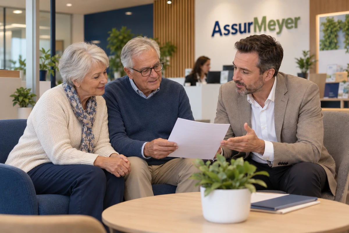 Un conseiller social en veste taupe, assis en agence AssurMeyer avec un couple de seniors, explique les démarches de couverture santé