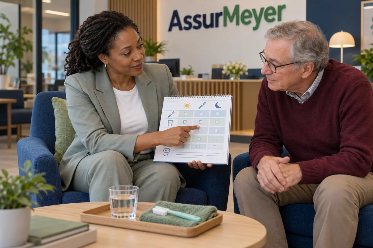 Une CSO en tenue gris sauge, assise avec un assuré en agence AssurMeyer, aide à préparer les questions et le calendrier du suivi oral pendant un cancer