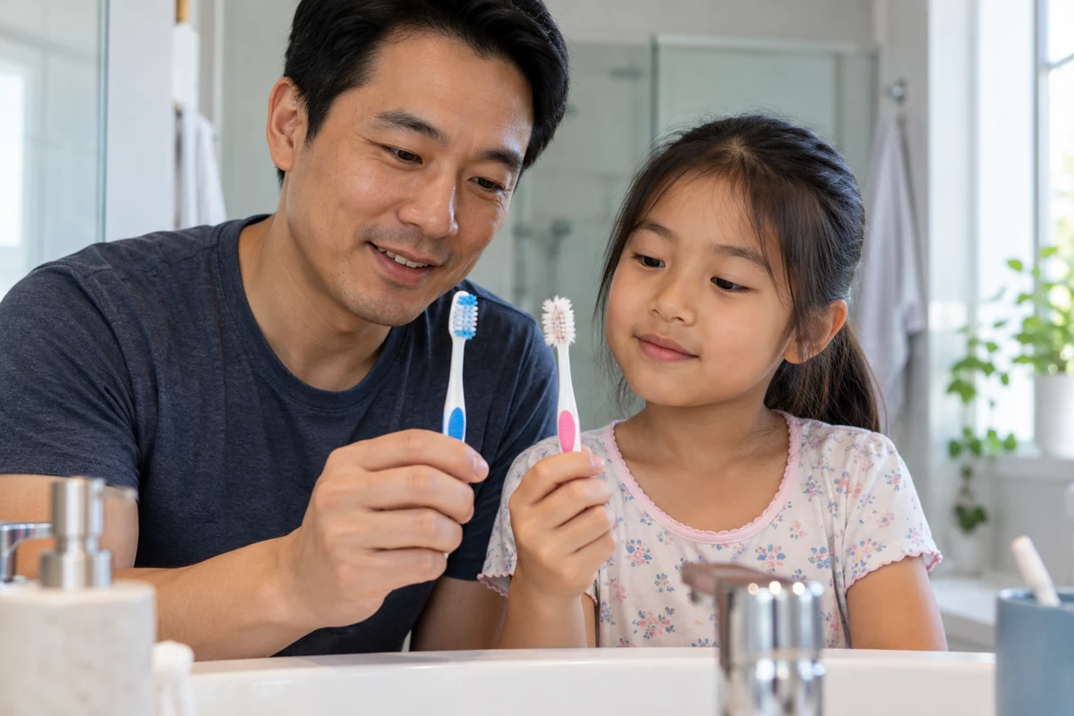 Un père et sa fille comparent une brosse neuve et une brosse aux poils usés dans leur salle de bain, sans marque