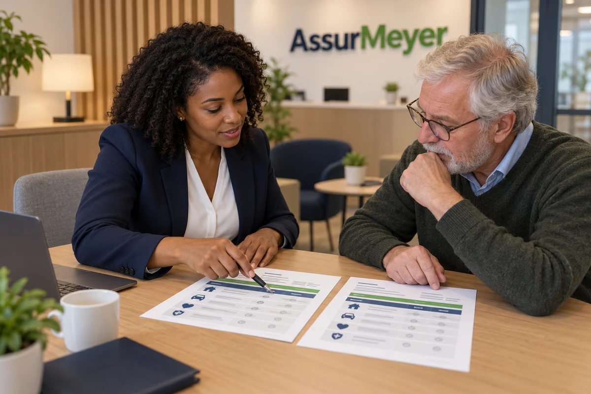 Une conseillère en assurances en veste bleu marine et un assuré, assis en agence AssurMeyer, comparent deux devis côte à côte