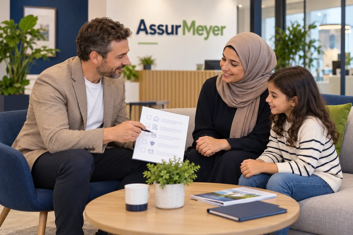 Un conseiller social en veste taupe accompagne une mère voilée et son enfant, tous assis dans une agence AssurMeyer