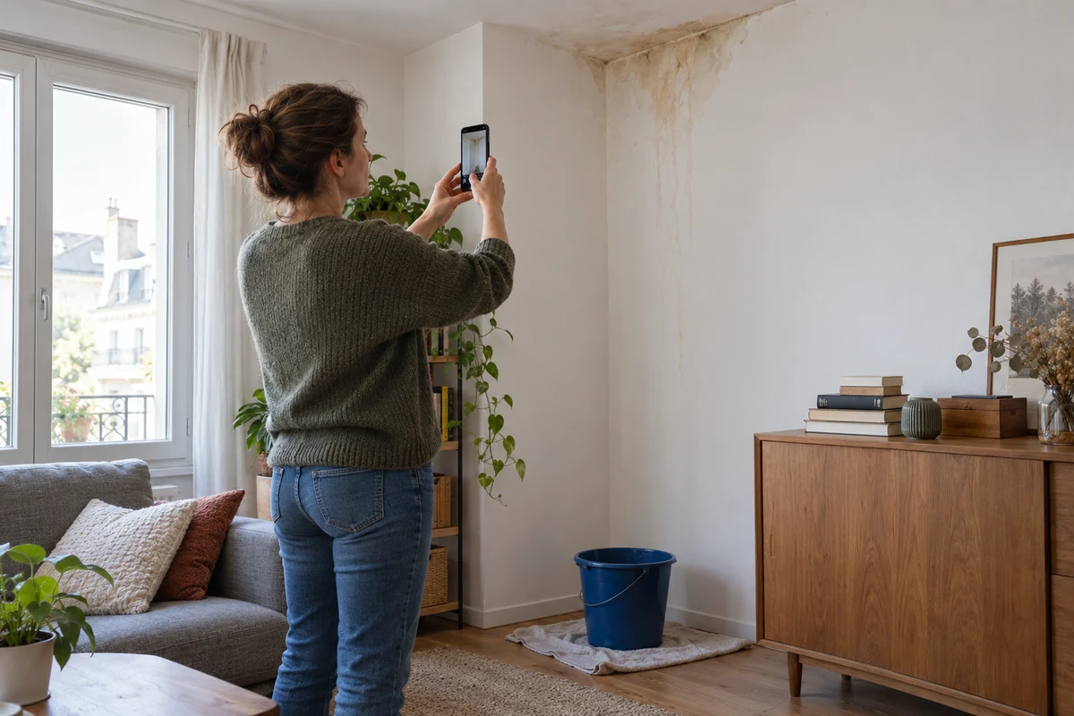 Une femme photographie une trace d’humidité sur un mur de son logement, depuis une zone sèche et sûre