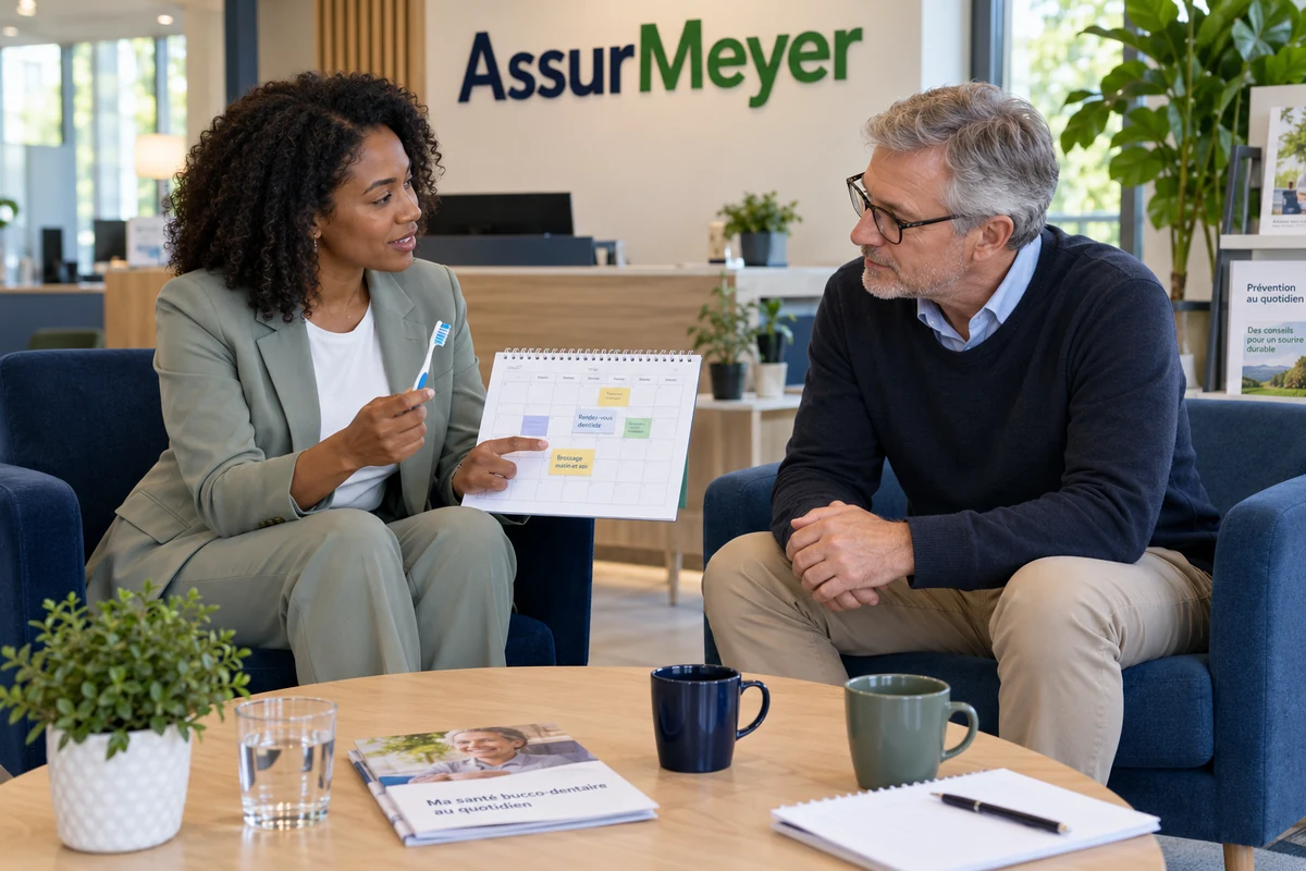 Une CSO en gris sauge et un assuré, assis en agence, préparent des repères de brossage et de rendez-vous sur un calendrier