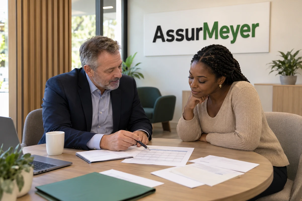 Un conseiller en assurances et une assurée, assis en agence, organisent un calendrier de paiement et des courriers