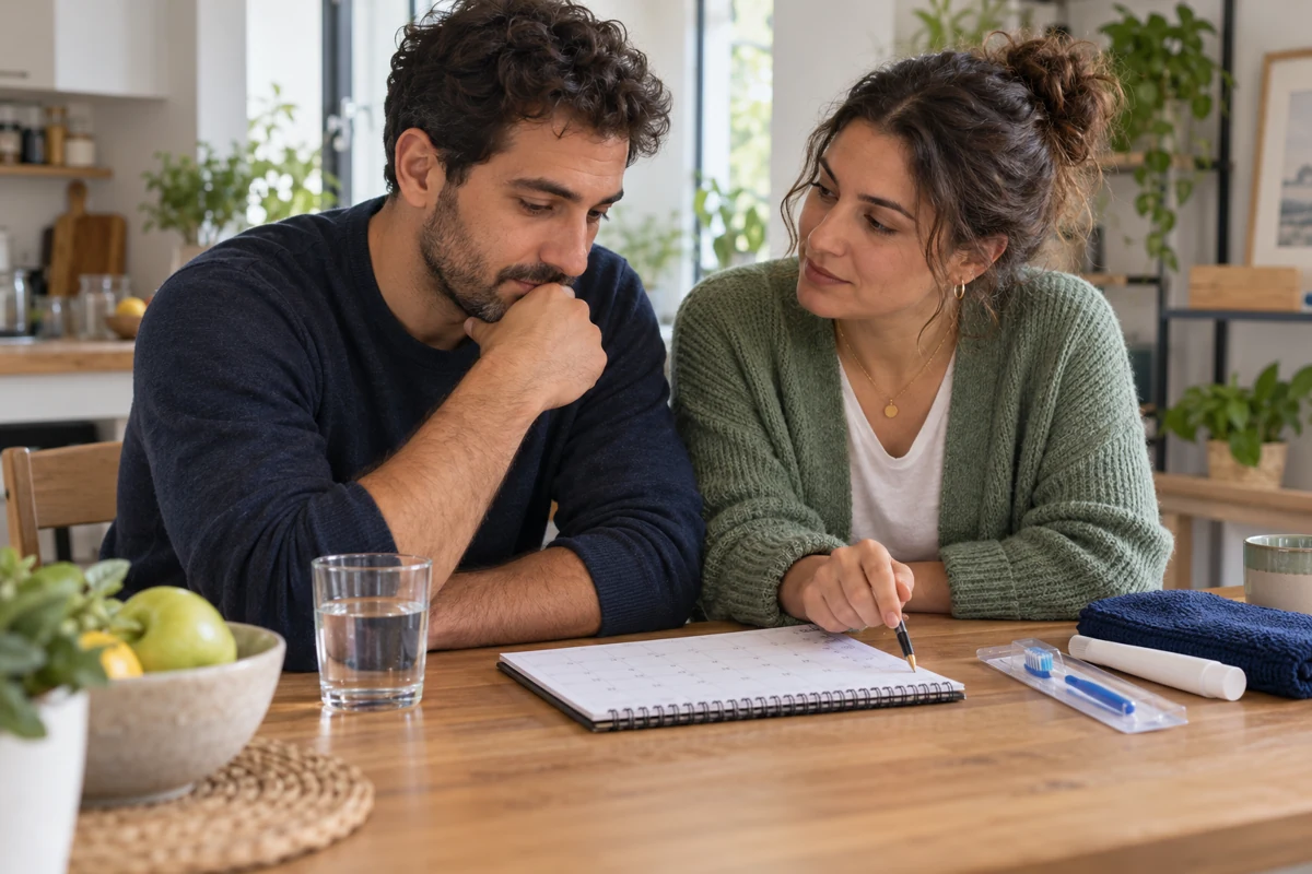 Un homme et sa sœur, assis dans leur cuisine, préparent une prise de rendez-vous dentaire avec un calendrier et un kit d’hygiène