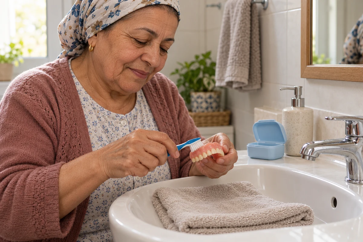 Une femme âgée nettoie doucement sa prothèse amovible hors de la bouche, au-dessus d’une serviette dans son lavabo, à domicile