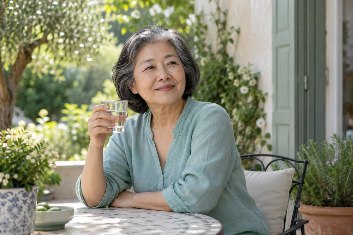 Une femme senior prend un verre d’eau sur une terrasse ombragée
