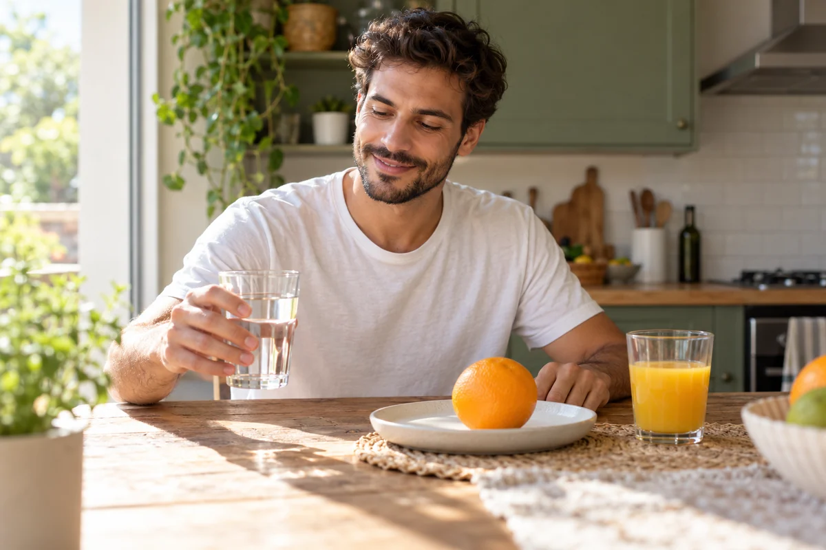 Un jeune homme choisit un verre d’eau à une table de cuisine