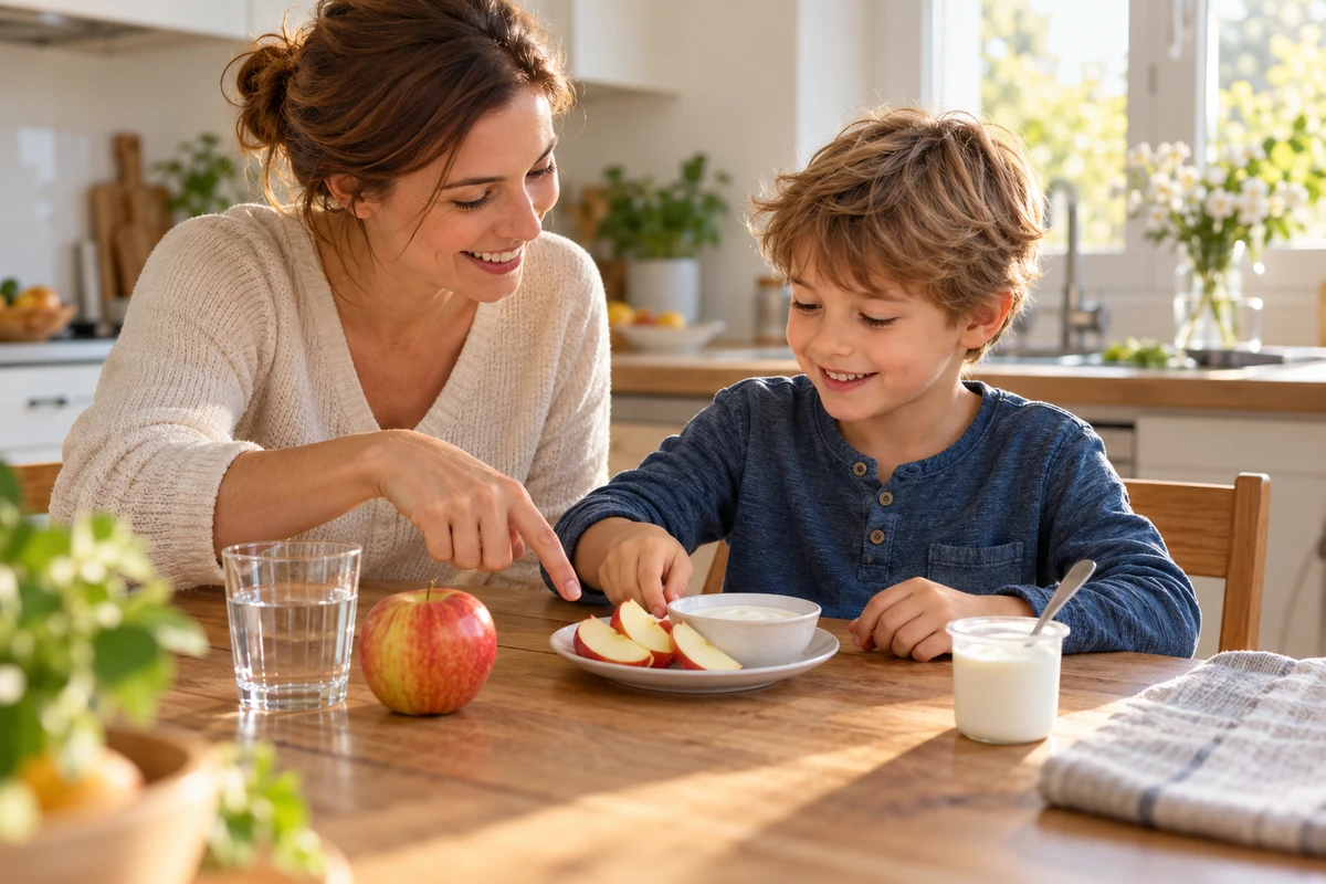 Une mère et son fils préparent ensemble un goûter dans leur cuisine avec de l’eau, un fruit et un yaourt nature
