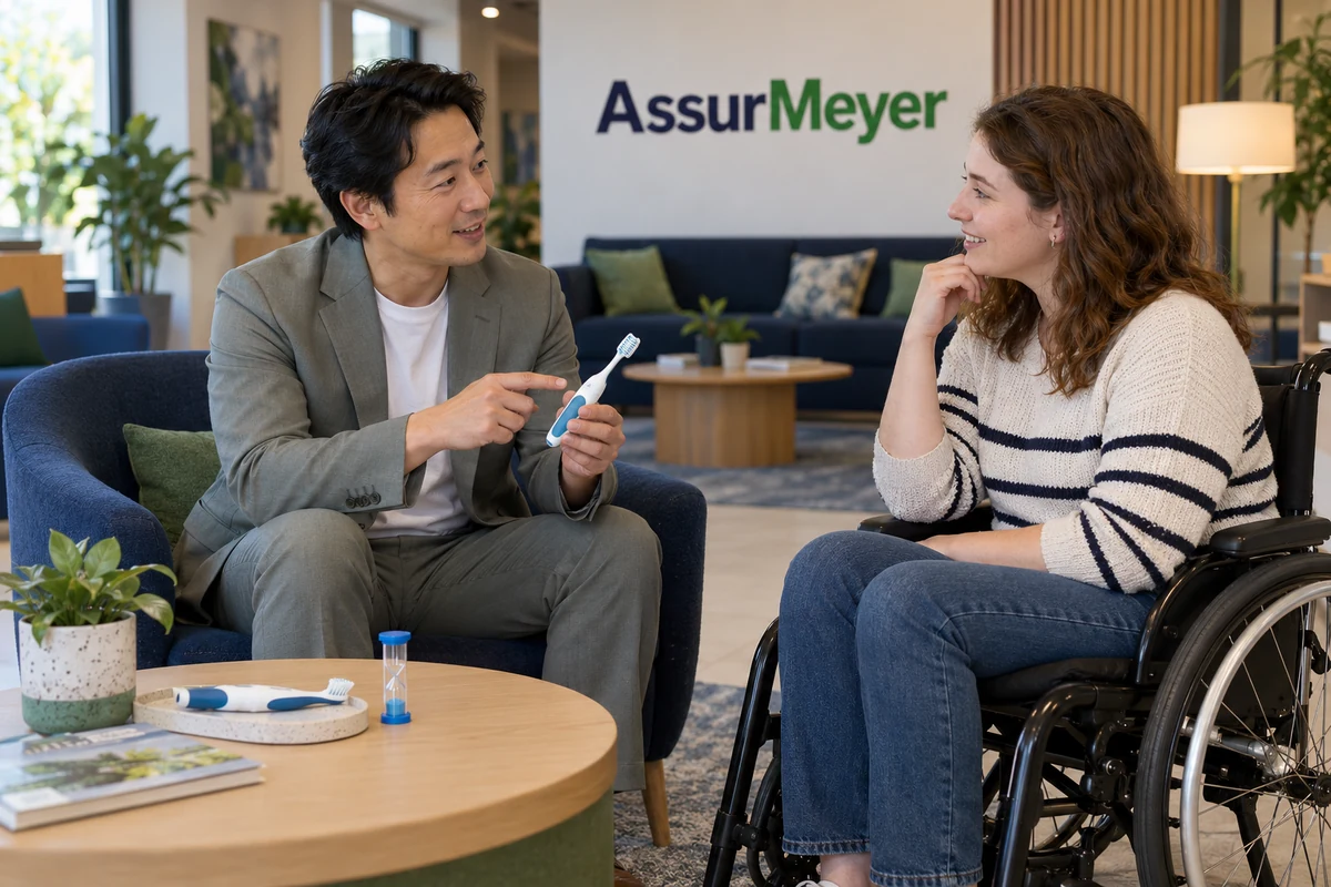 Un CSO assis en agence échange avec une assurée en fauteuil roulant sur une brosse à manche épaissi, à hauteur de regard