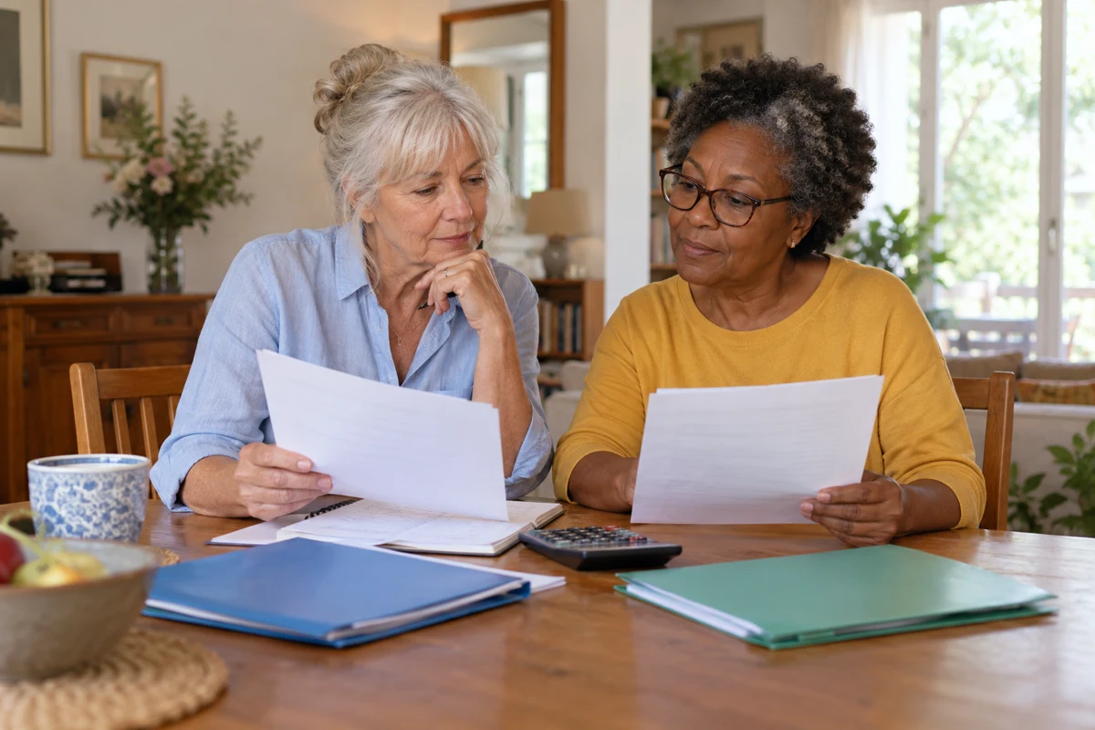 Un couple senior compare des avis d’échéance et des garanties à domicile, avec une calculatrice