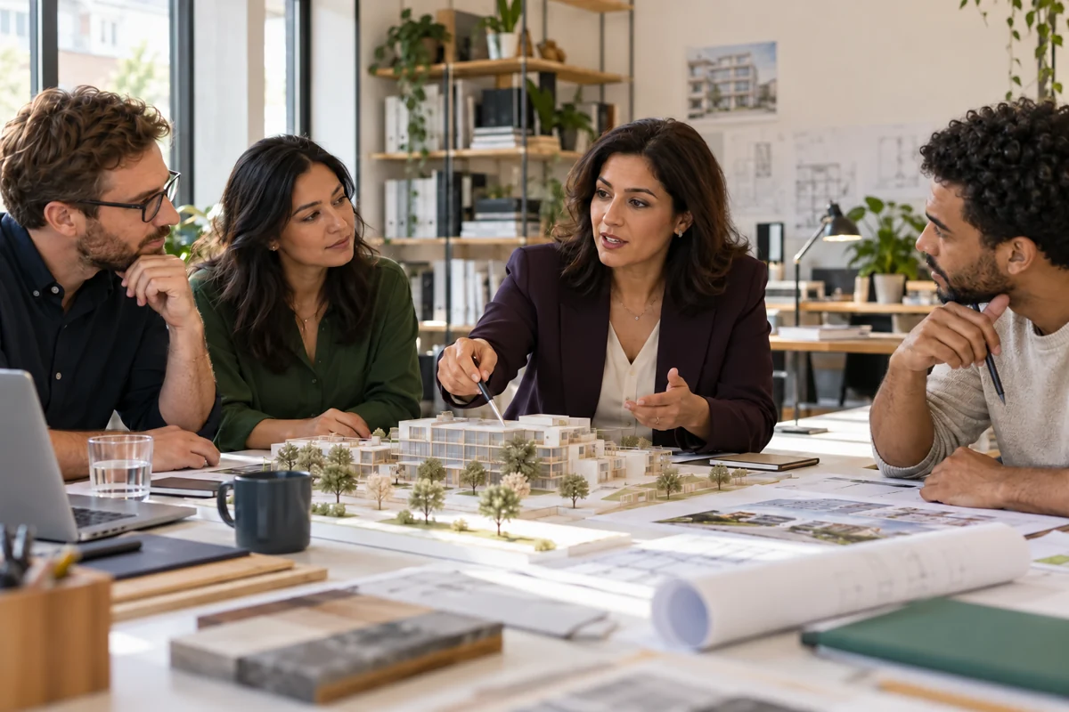 Une dirigeante et son équipe assises dans un studio d’architecture partagent les informations nécessaires à la continuité des projets