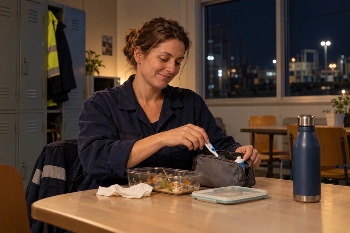Une professionnelle assise dans un espace de pause de nuit prépare une trousse de brossage, une gourde et son repas