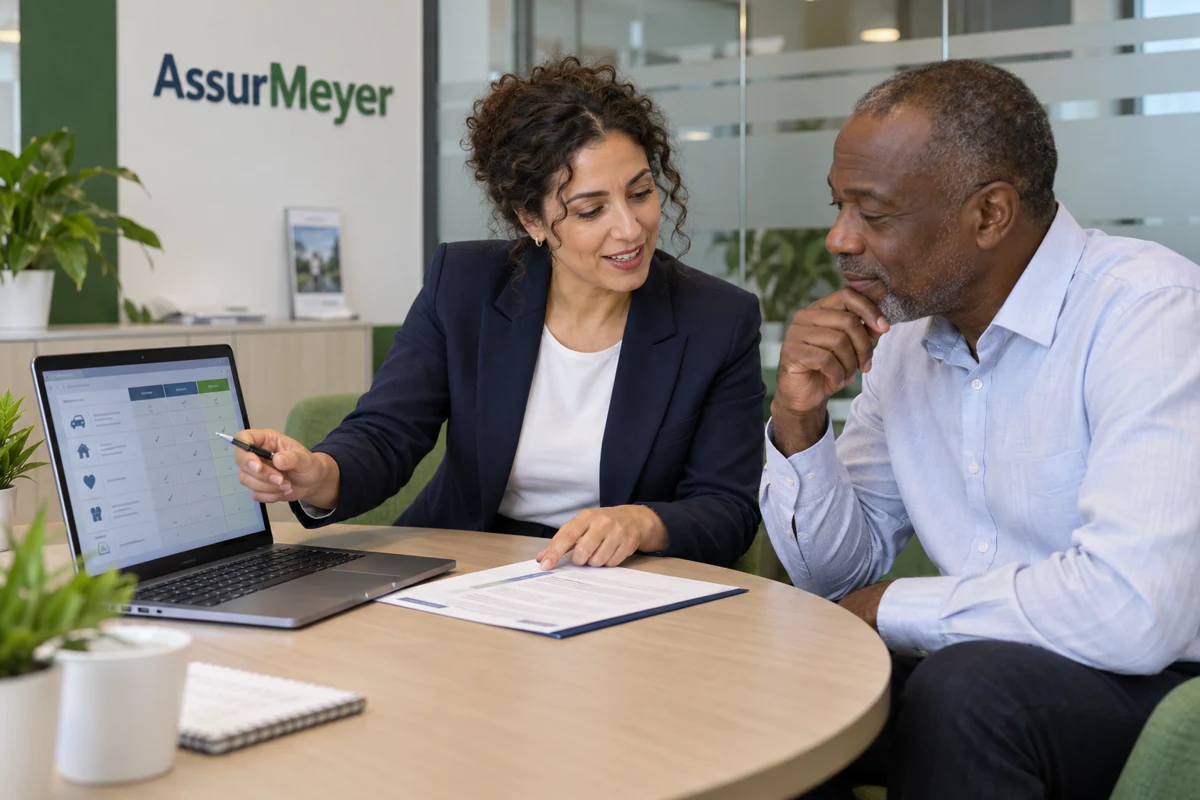 Une conseillère en assurances AssurMeyer assise avec un assuré vérifie un contrat papier à côté d’un tableau de garanties sur ordinateur