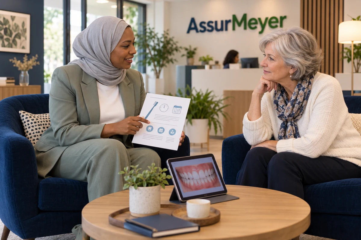 Une conseillère en santé orale assise avec une assurée en agence AssurMeyer explique des supports de prévention générale